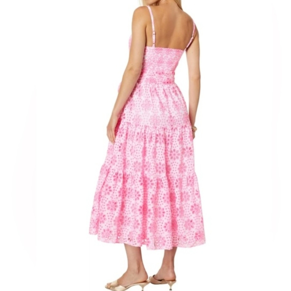 Lilly Pulitzer Edith Eyelet Midi Dress Soleil Pink Funflower Eyelet Size 10 - Picture 2 of 5